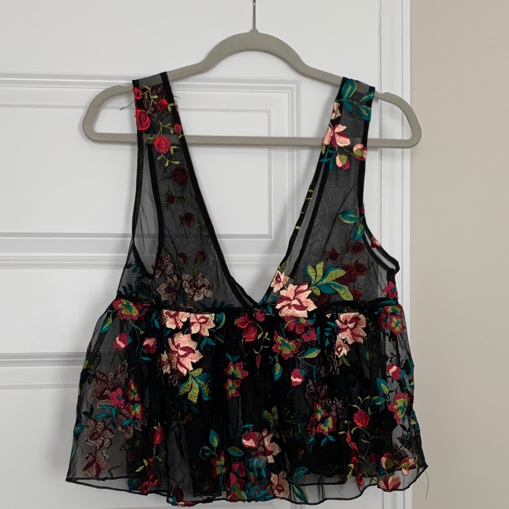 Urban Outfitters Black Mesh Tank with Multicolor Floral Embroidery